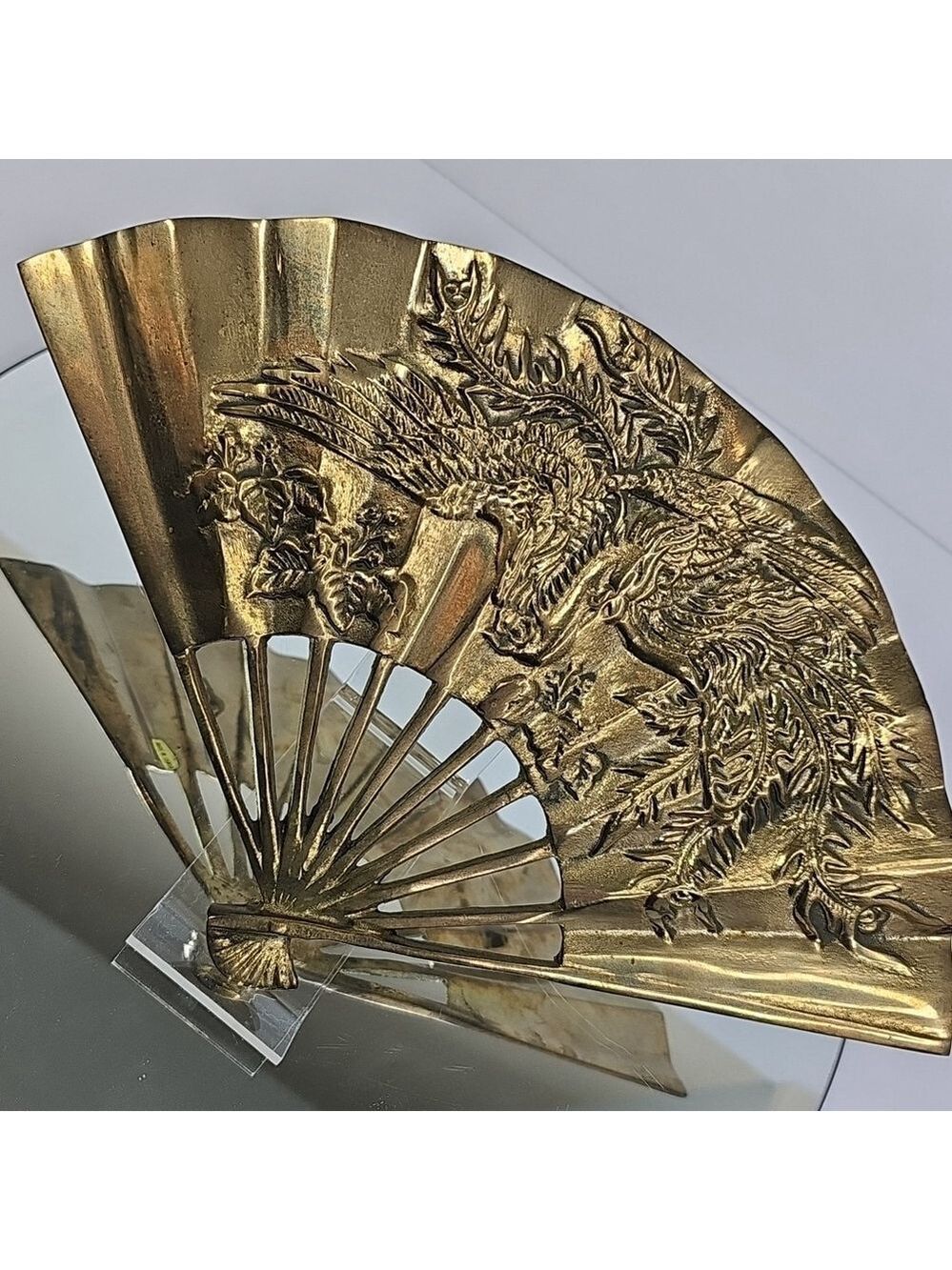Vintage Solid Brass Oriental Style Hand Fan Raised Phoenix Dragon